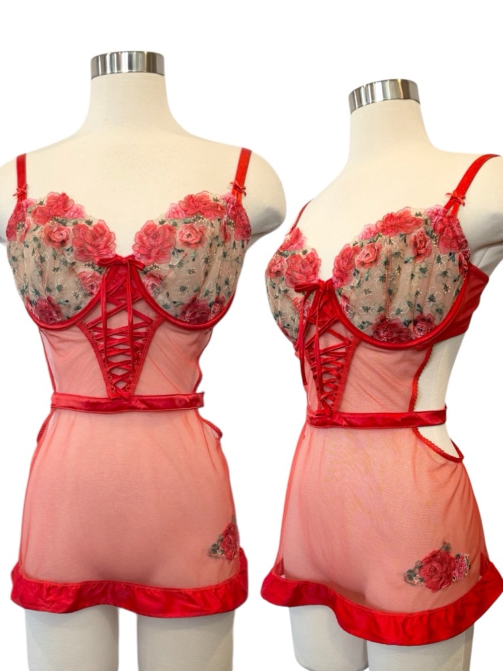 Victoria’s Secret Sheer Red Roses Apron Pinafore Cosplay Costume Slip Teddy XL